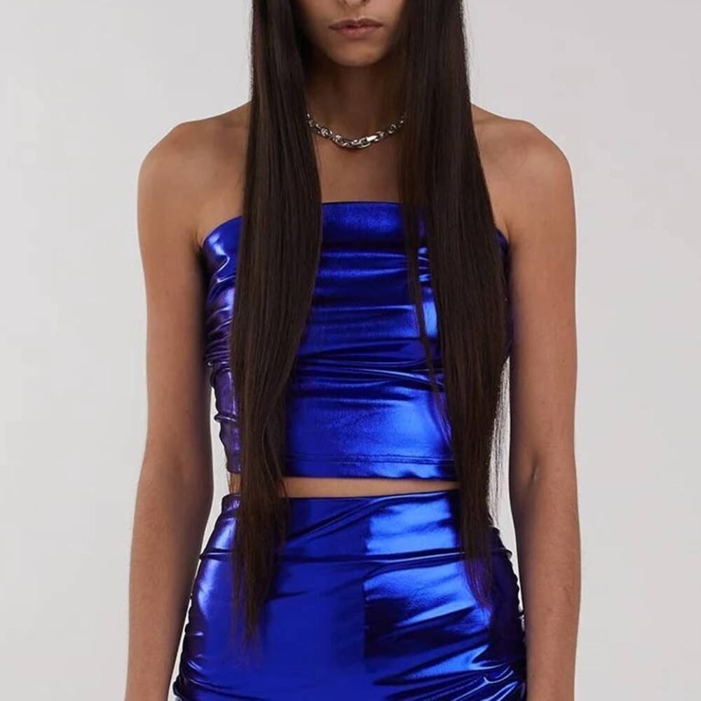Hosbjerg Ines Tube Top Women's Medium‎ Electric Blue Metallic Strapless Cropped